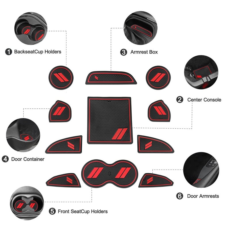 YANWEN Anti-Dust Trim Mats Fit for 2015-2020 Dodge Challenger, Custom Interior Shifter Liner for Cup Holder Insert, Door Pocket, Center Console(11pcs, Red) - Image 3